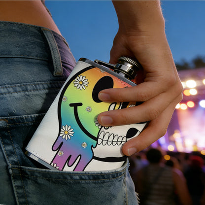 Dripping rainbow smiley skull sticker One 8oz Flask – Carries Whiskey, Wine & Juice, Portable Outdoor Gift for Friends