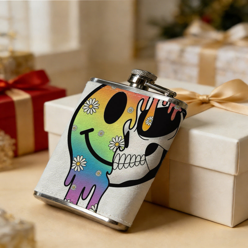 Dripping rainbow smiley skull sticker One 8oz Flask – Carries Whiskey, Wine & Juice, Portable Outdoor Gift for Friends