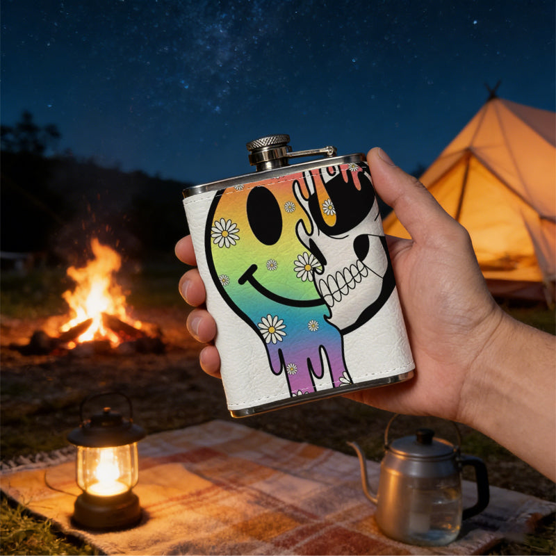 Dripping rainbow smiley skull sticker One 8oz Flask – Carries Whiskey, Wine & Juice, Portable Outdoor Gift for Friends