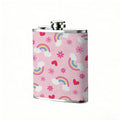 Pink pattern with rainbows hearts snowflakes clouds One 8oz Flask – Carries Whiskey, Wine & Juice, Portable Outdoor Gift for Friends