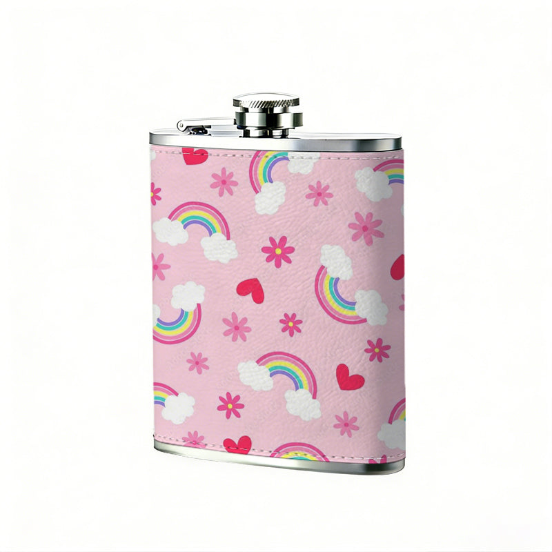 Pink pattern with rainbows hearts snowflakes clouds One 8oz Flask – Carries Whiskey, Wine & Juice, Portable Outdoor Gift for Friends