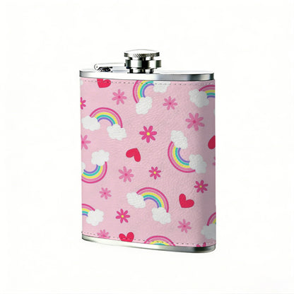 Pink pattern with rainbows hearts snowflakes clouds One 8oz Flask – Carries Whiskey, Wine & Juice, Portable Outdoor Gift for Friends