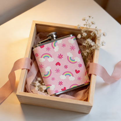 Pink pattern with rainbows hearts snowflakes clouds One 8oz Flask – Carries Whiskey, Wine & Juice, Portable Outdoor Gift for Friends