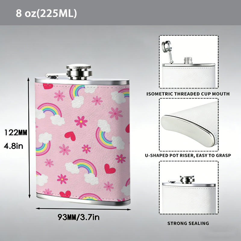 Pink pattern with rainbows hearts snowflakes clouds One 8oz Flask – Carries Whiskey, Wine & Juice, Portable Outdoor Gift for Friends