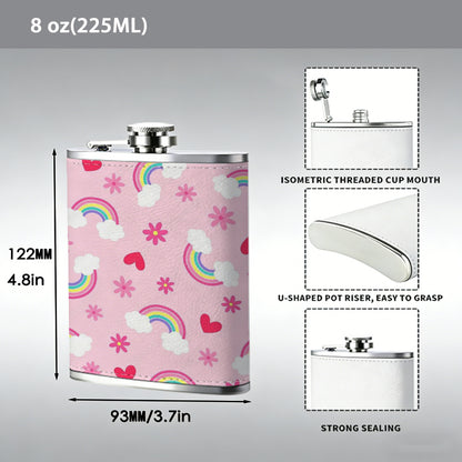 Pink pattern with rainbows hearts snowflakes clouds One 8oz Flask – Carries Whiskey, Wine & Juice, Portable Outdoor Gift for Friends