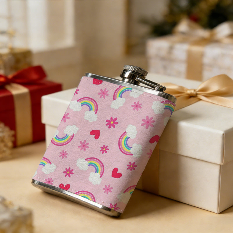 Pink pattern with rainbows hearts snowflakes clouds One 8oz Flask – Carries Whiskey, Wine & Juice, Portable Outdoor Gift for Friends