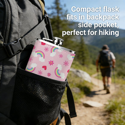 Pink pattern with rainbows hearts snowflakes clouds One 8oz Flask – Carries Whiskey, Wine & Juice, Portable Outdoor Gift for Friends