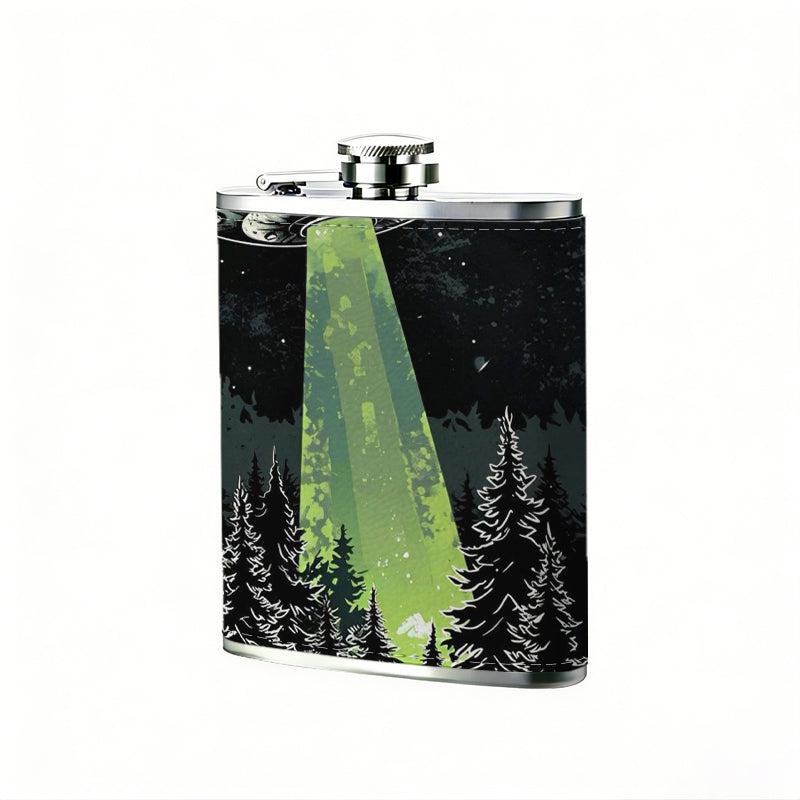 UFO with green beam and crescent moon One 8oz Flask – Carries Whiskey, Wine & Juice, Portable Outdoor Gift for Friends