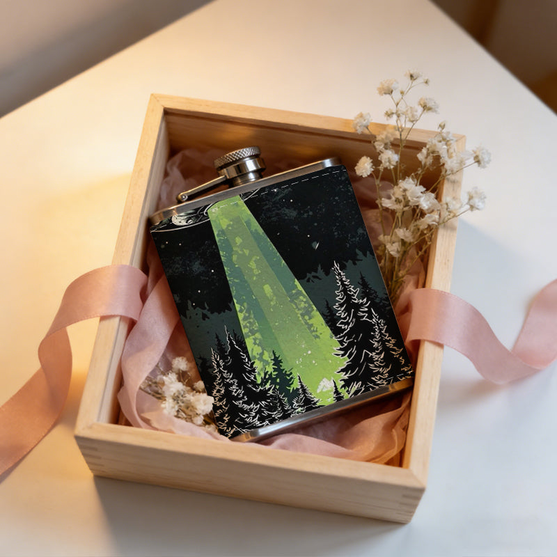 UFO with green beam and crescent moon One 8oz Flask – Carries Whiskey, Wine & Juice, Portable Outdoor Gift for Friends