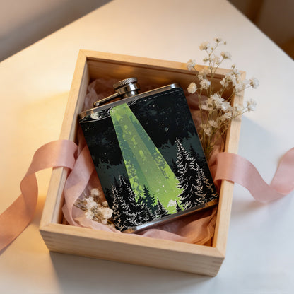 UFO with green beam and crescent moon One 8oz Flask – Carries Whiskey, Wine & Juice, Portable Outdoor Gift for Friends