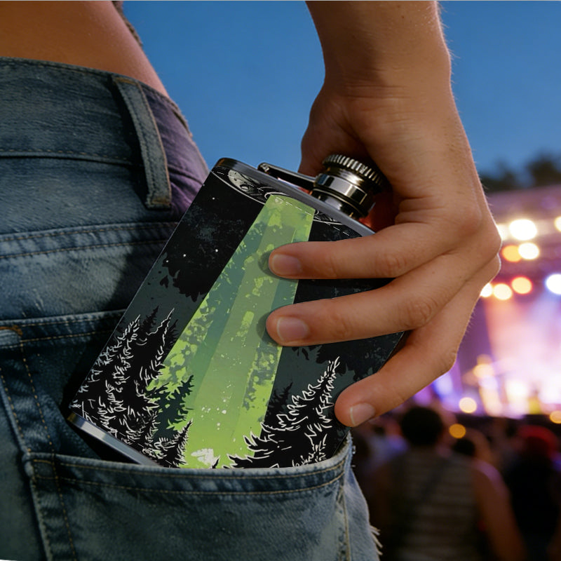 UFO with green beam and crescent moon One 8oz Flask – Carries Whiskey, Wine & Juice, Portable Outdoor Gift for Friends
