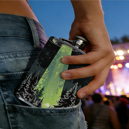 UFO with green beam and crescent moon One 8oz Flask – Carries Whiskey, Wine & Juice, Portable Outdoor Gift for Friends