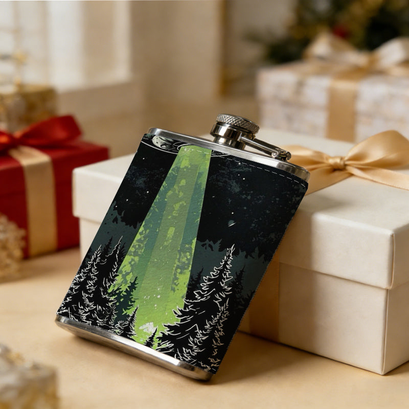 UFO with green beam and crescent moon One 8oz Flask – Carries Whiskey, Wine & Juice, Portable Outdoor Gift for Friends