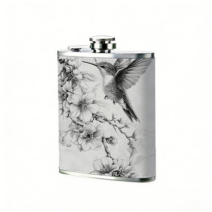 Sketch of hummingbird and flowers One 8oz Flask – Carries Whiskey, Wine & Juice, Portable Outdoor Gift for Friends