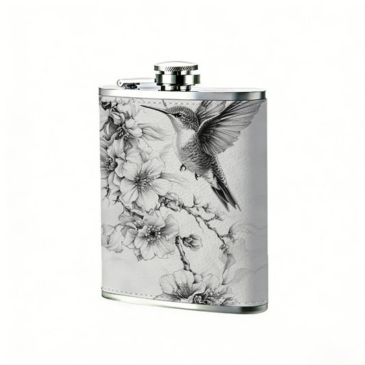 Sketch of hummingbird and flowers One 8oz Flask – Carries Whiskey, Wine & Juice, Portable Outdoor Gift for Friends