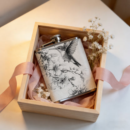 Sketch of hummingbird and flowers One 8oz Flask – Carries Whiskey, Wine & Juice, Portable Outdoor Gift for Friends