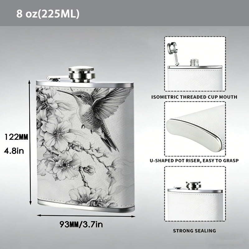 Sketch of hummingbird and flowers One 8oz Flask – Carries Whiskey, Wine & Juice, Portable Outdoor Gift for Friends