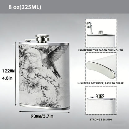 Sketch of hummingbird and flowers One 8oz Flask – Carries Whiskey, Wine & Juice, Portable Outdoor Gift for Friends