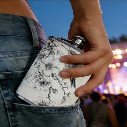 Sketch of hummingbird and flowers One 8oz Flask – Carries Whiskey, Wine & Juice, Portable Outdoor Gift for Friends