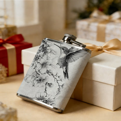 Sketch of hummingbird and flowers One 8oz Flask – Carries Whiskey, Wine & Juice, Portable Outdoor Gift for Friends