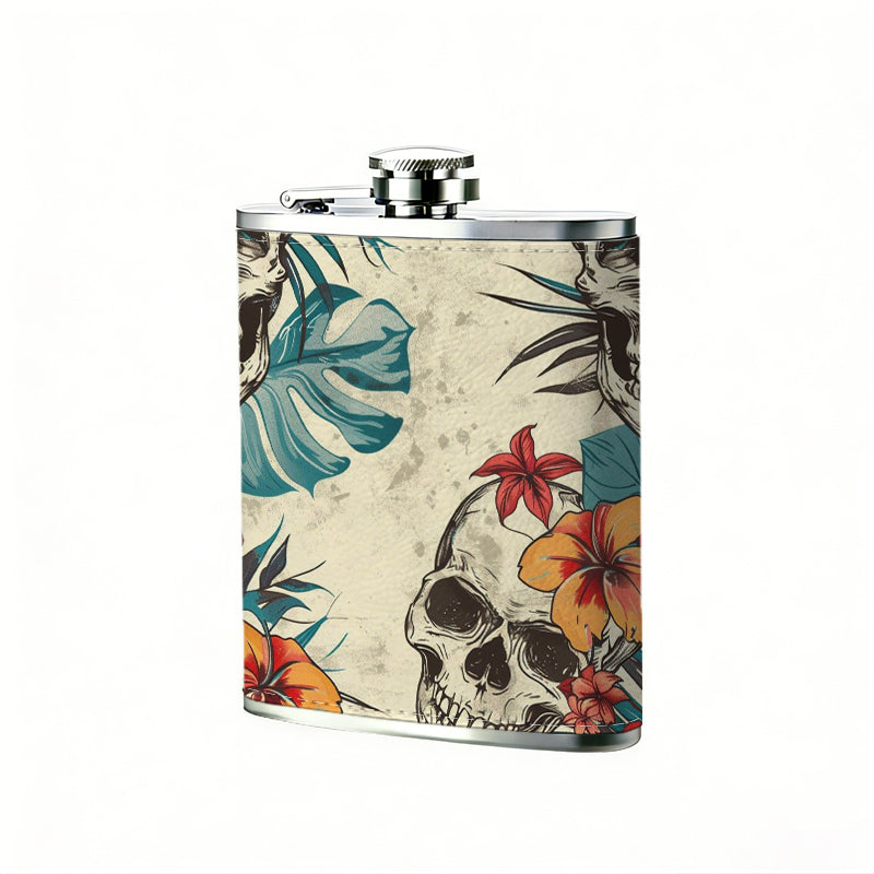 Skulls with tropical flowers and leaves One 8oz Flask – Carries Whiskey, Wine & Juice, Portable Outdoor Gift for Friends