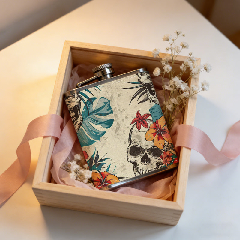 Skulls with tropical flowers and leaves One 8oz Flask – Carries Whiskey, Wine & Juice, Portable Outdoor Gift for Friends