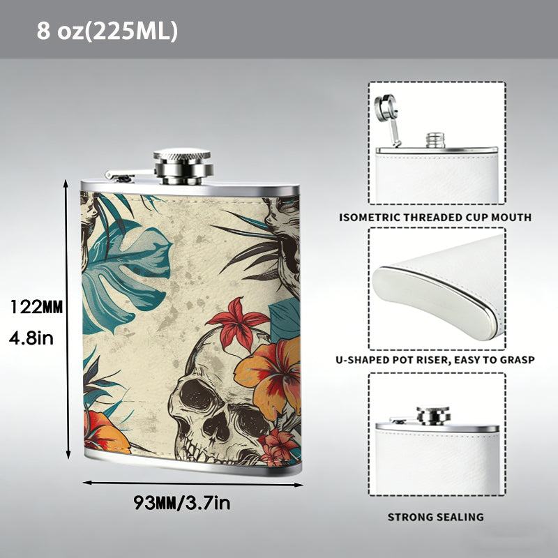 Skulls with tropical flowers and leaves One 8oz Flask – Carries Whiskey, Wine & Juice, Portable Outdoor Gift for Friends