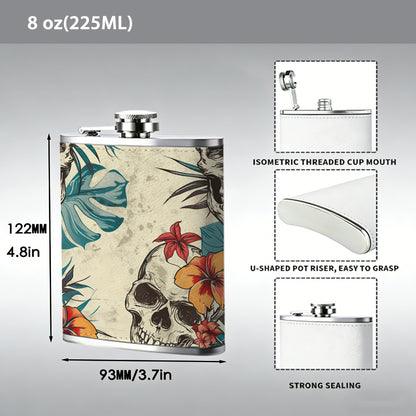 Skulls with tropical flowers and leaves One 8oz Flask – Carries Whiskey, Wine & Juice, Portable Outdoor Gift for Friends