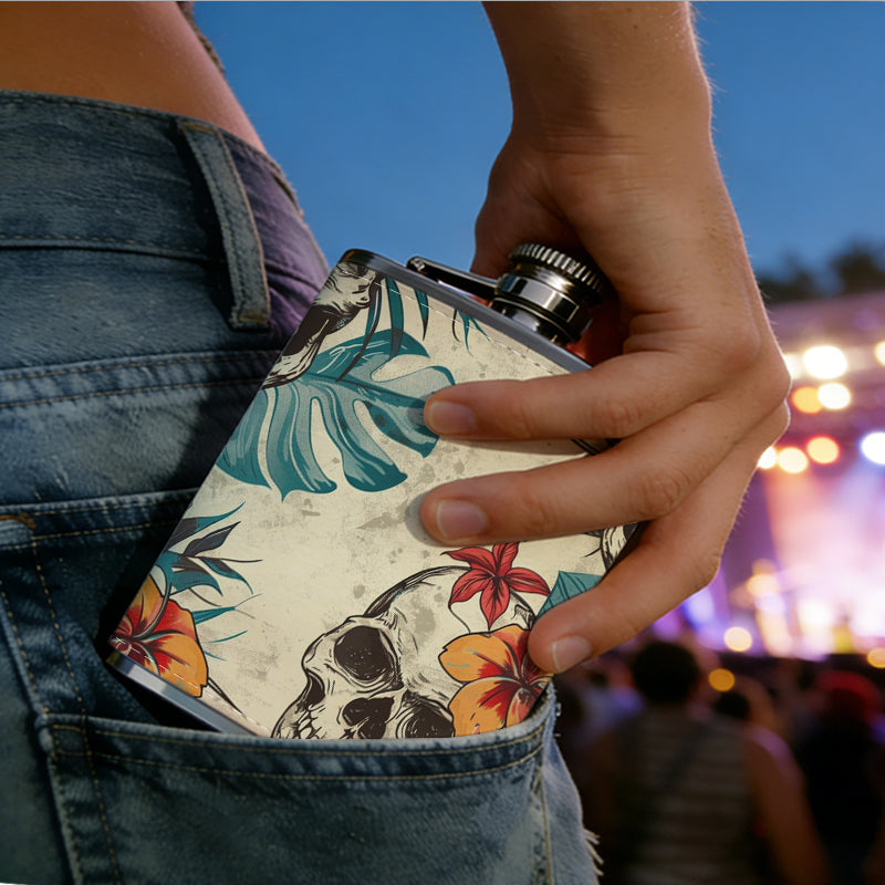 Skulls with tropical flowers and leaves One 8oz Flask – Carries Whiskey, Wine & Juice, Portable Outdoor Gift for Friends