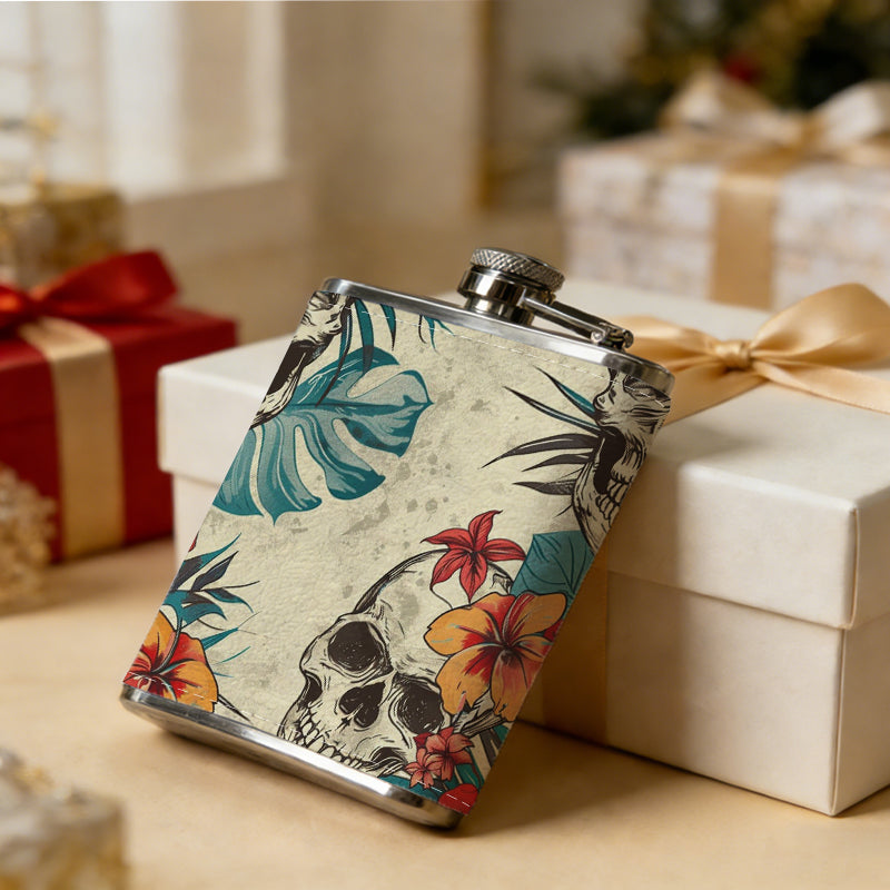 Skulls with tropical flowers and leaves One 8oz Flask – Carries Whiskey, Wine & Juice, Portable Outdoor Gift for Friends