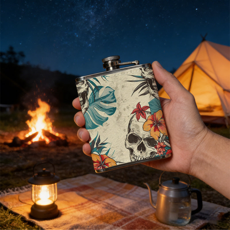 Skulls with tropical flowers and leaves One 8oz Flask – Carries Whiskey, Wine & Juice, Portable Outdoor Gift for Friends