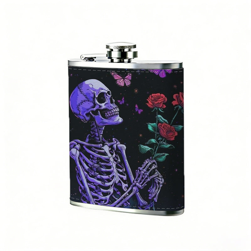 Skeleton holding roses and butterflies One 8oz Flask – Carries Whiskey, Wine & Juice, Portable Outdoor Gift for Friends