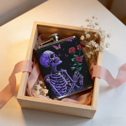 Skeleton holding roses and butterflies One 8oz Flask – Carries Whiskey, Wine & Juice, Portable Outdoor Gift for Friends