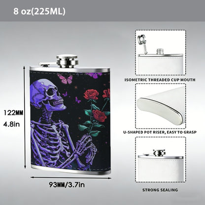 Skeleton holding roses and butterflies One 8oz Flask – Carries Whiskey, Wine & Juice, Portable Outdoor Gift for Friends