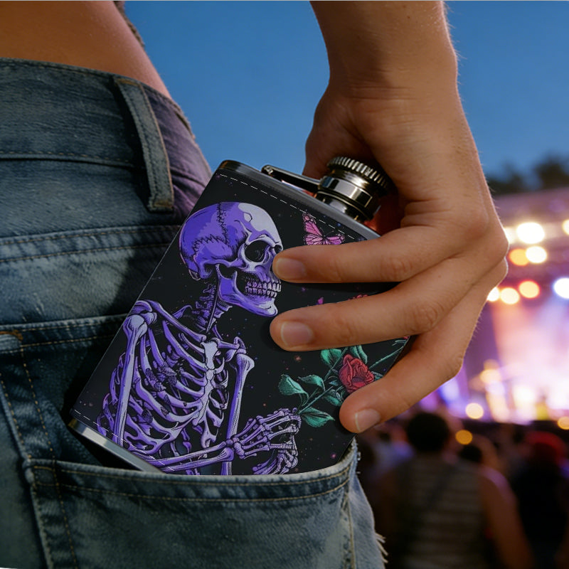 Skeleton holding roses and butterflies One 8oz Flask – Carries Whiskey, Wine & Juice, Portable Outdoor Gift for Friends