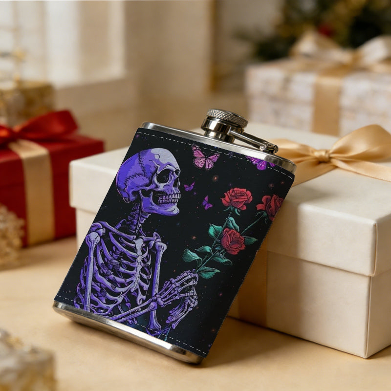 Skeleton holding roses and butterflies One 8oz Flask – Carries Whiskey, Wine & Juice, Portable Outdoor Gift for Friends