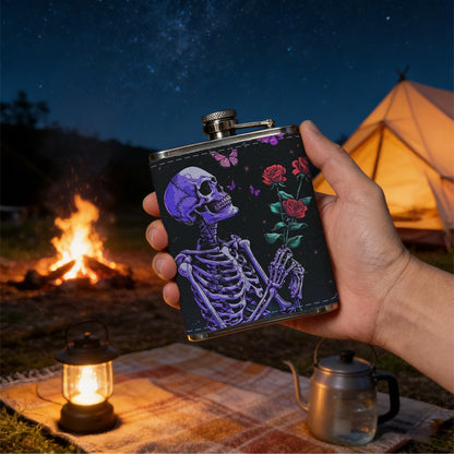 Skeleton holding roses and butterflies One 8oz Flask – Carries Whiskey, Wine & Juice, Portable Outdoor Gift for Friends