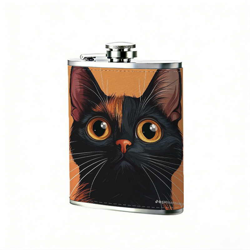Cartoon black cat on orange background One 8oz Flask – Carries Whiskey, Wine & Juice, Portable Outdoor Gift for Friends
