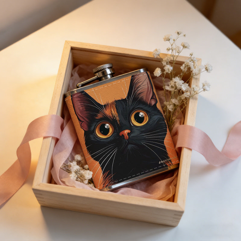 Cartoon black cat on orange background One 8oz Flask – Carries Whiskey, Wine & Juice, Portable Outdoor Gift for Friends