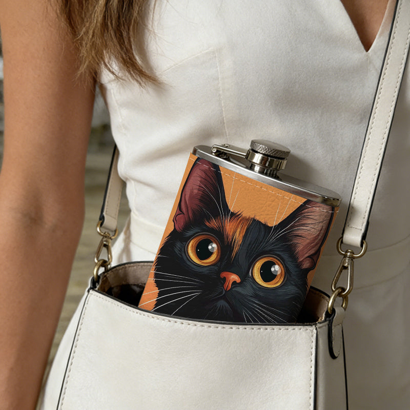 Cartoon black cat on orange background One 8oz Flask – Carries Whiskey, Wine & Juice, Portable Outdoor Gift for Friends