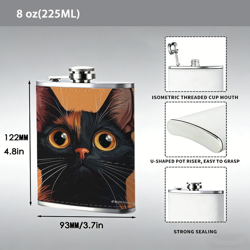 Cartoon black cat on orange background One 8oz Flask – Carries Whiskey, Wine & Juice, Portable Outdoor Gift for Friends