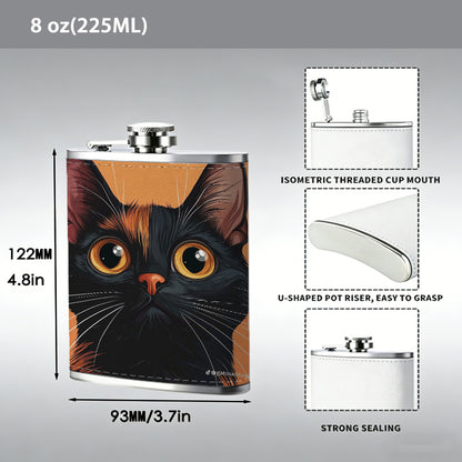 Cartoon black cat on orange background One 8oz Flask – Carries Whiskey, Wine & Juice, Portable Outdoor Gift for Friends