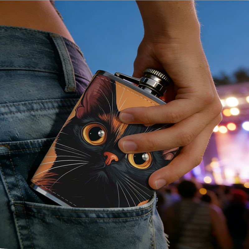 Cartoon black cat on orange background One 8oz Flask – Carries Whiskey, Wine & Juice, Portable Outdoor Gift for Friends