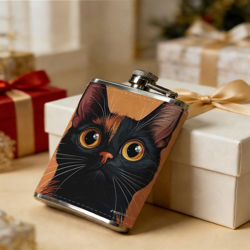 Cartoon black cat on orange background One 8oz Flask – Carries Whiskey, Wine & Juice, Portable Outdoor Gift for Friends