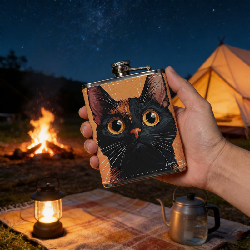 Cartoon black cat on orange background One 8oz Flask – Carries Whiskey, Wine & Juice, Portable Outdoor Gift for Friends