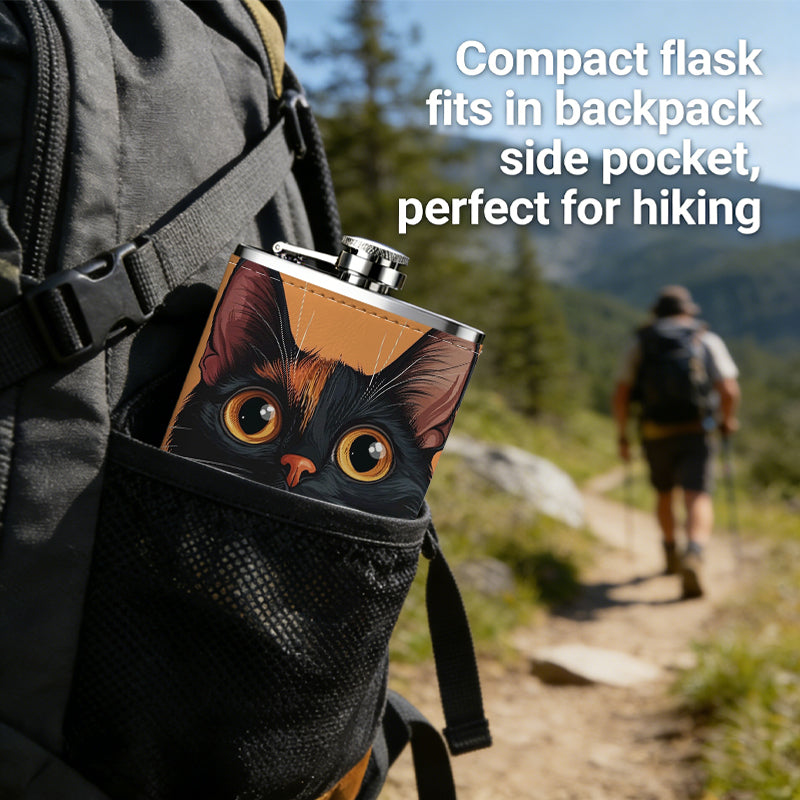 Cartoon black cat on orange background One 8oz Flask – Carries Whiskey, Wine & Juice, Portable Outdoor Gift for Friends