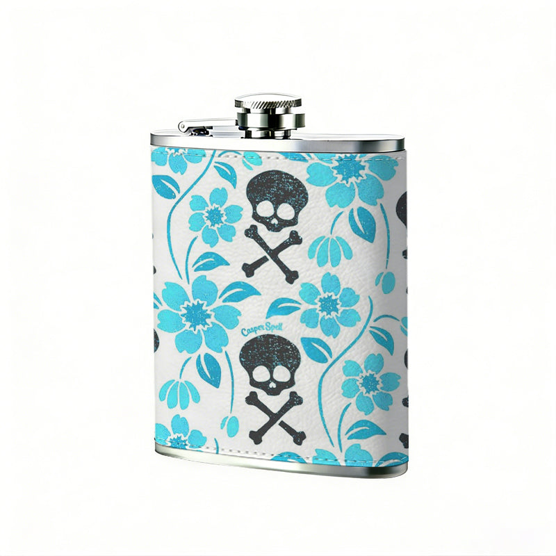Skulls and blue floral pattern One 8oz Flask – Carries Whiskey, Wine & Juice, Portable Outdoor Gift for Friends