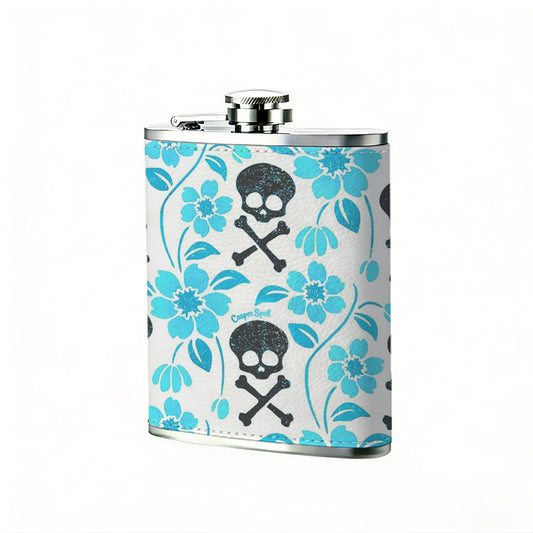 Skulls and blue floral pattern One 8oz Flask – Carries Whiskey, Wine & Juice, Portable Outdoor Gift for Friends
