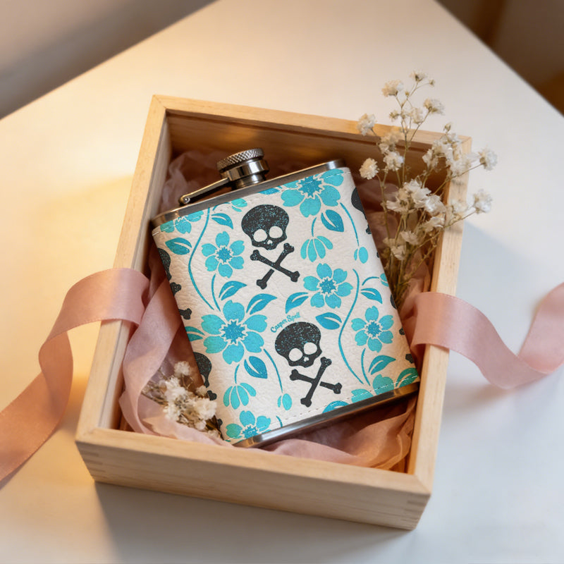 Skulls and blue floral pattern One 8oz Flask – Carries Whiskey, Wine & Juice, Portable Outdoor Gift for Friends