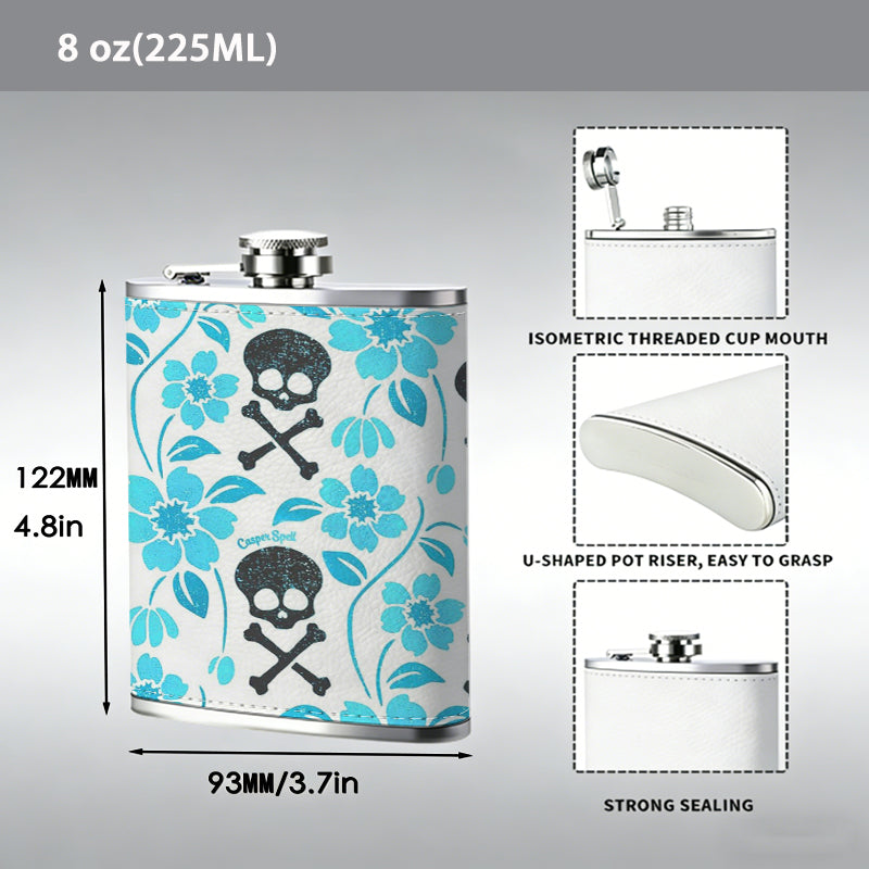 Skulls and blue floral pattern One 8oz Flask – Carries Whiskey, Wine & Juice, Portable Outdoor Gift for Friends
